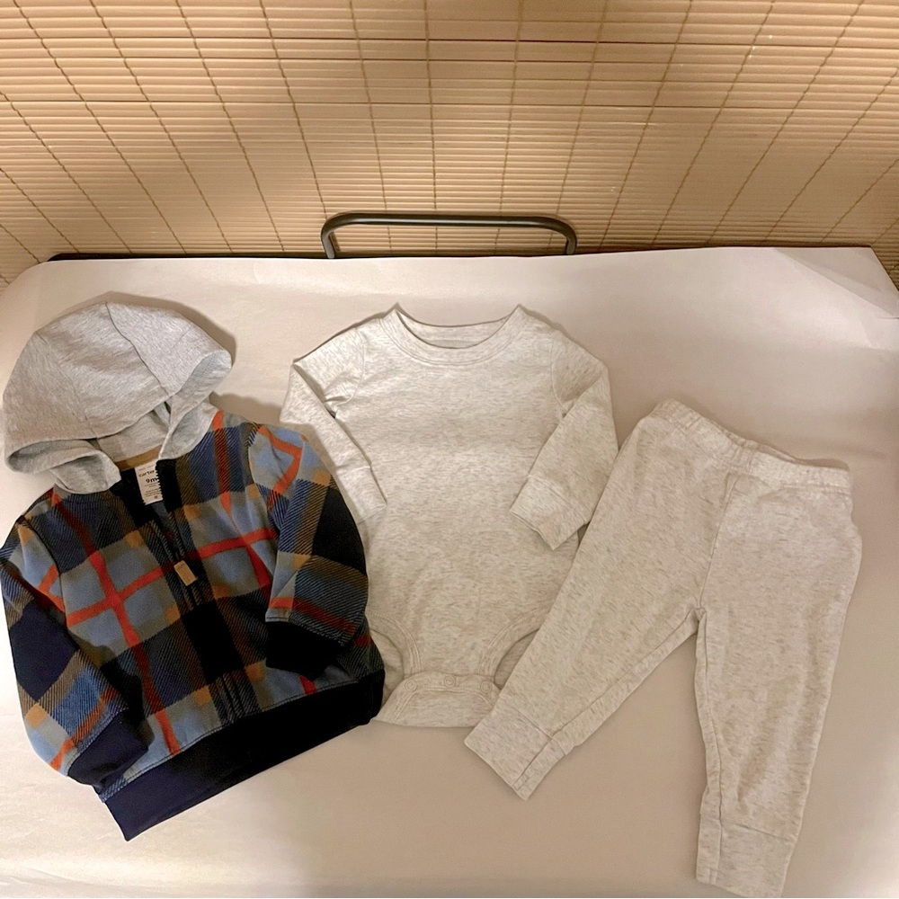 Carter’s Hooded Multicolored Striped Jacket, Heather Grey Bodysuit & Pants Set
